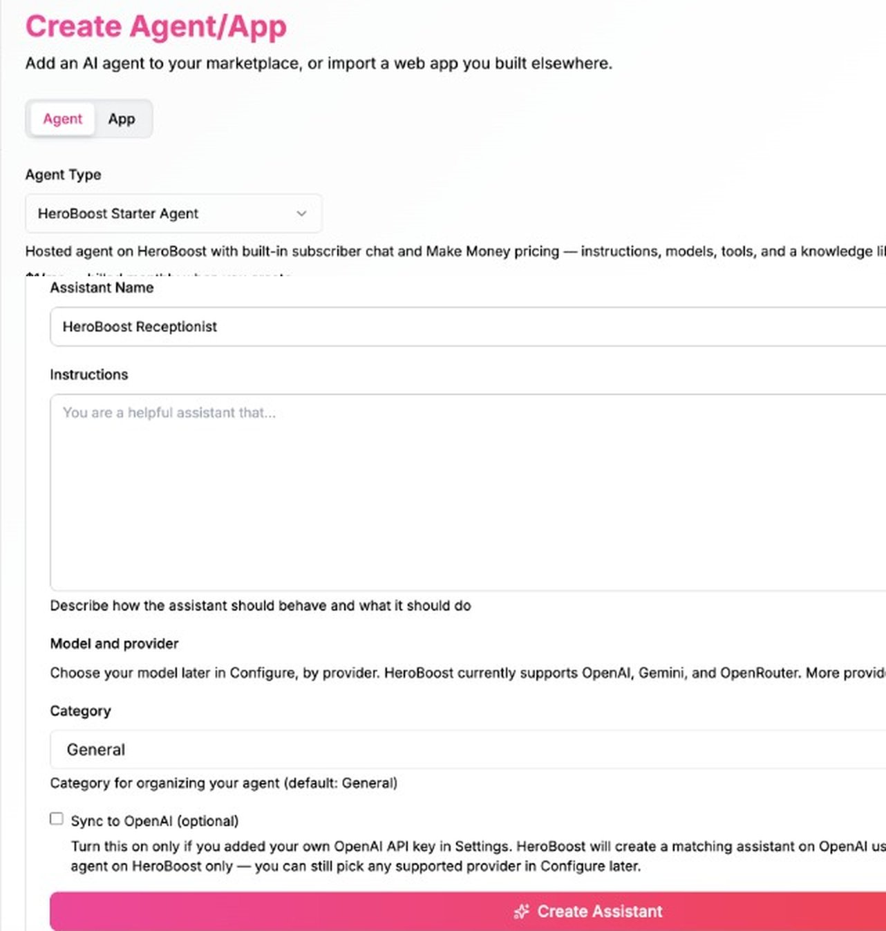 Create Agent — example: HeroBoost Starter Agent