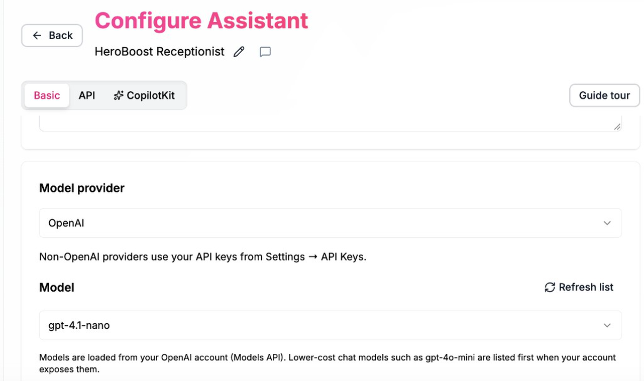 Configure — model provider and model