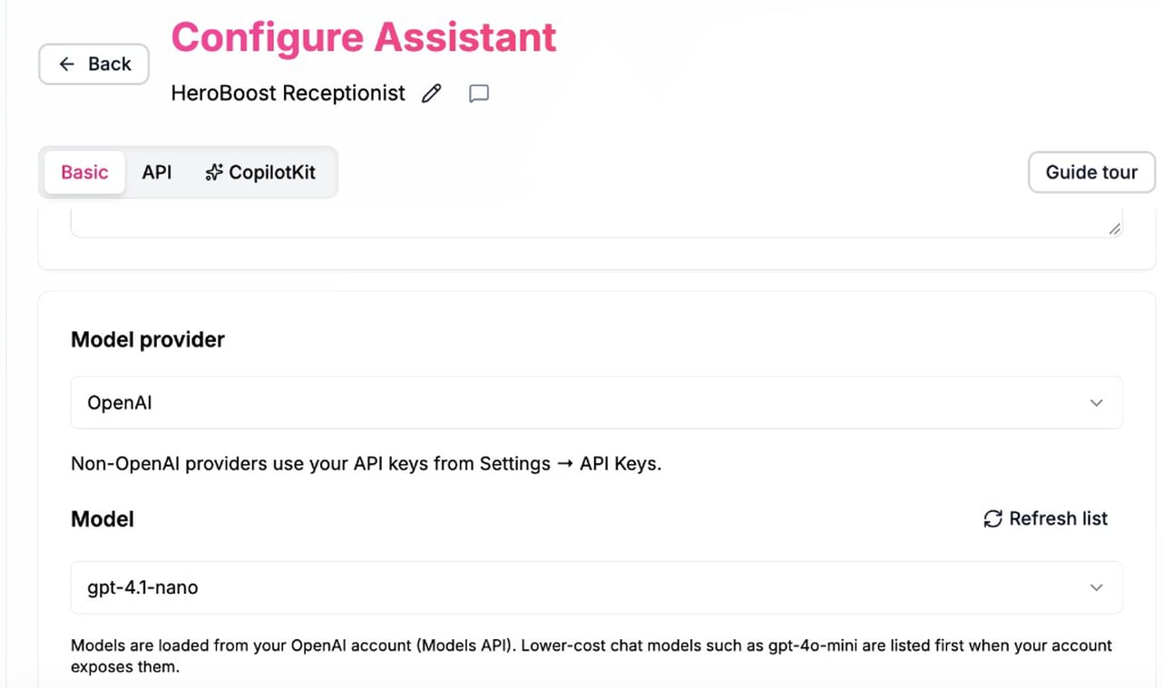 Configure — model provider and model