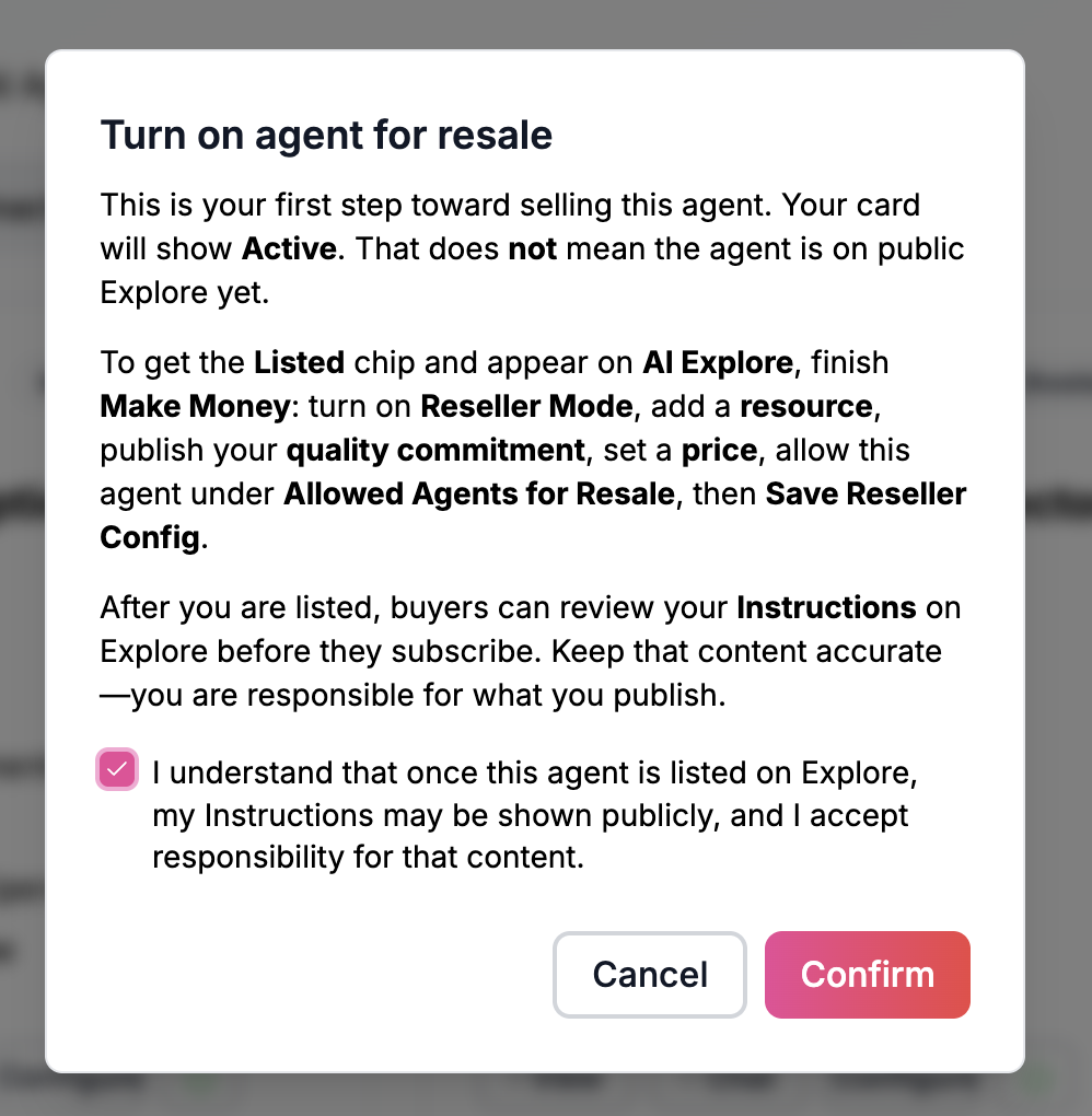 Turn on agent for resale — confirm dialog