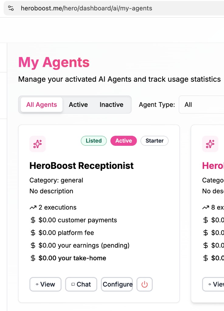 My Agents — Listed and Active badges