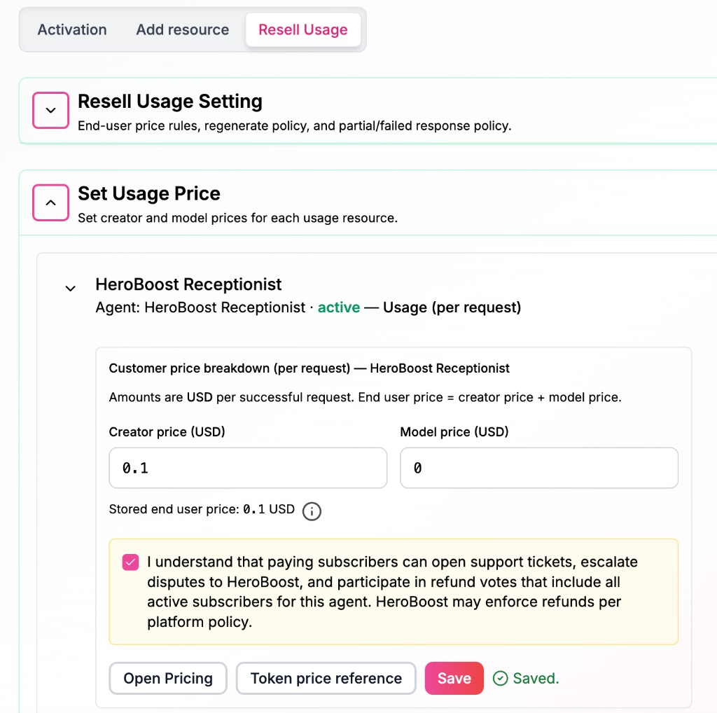 Resell Usage — set usage price