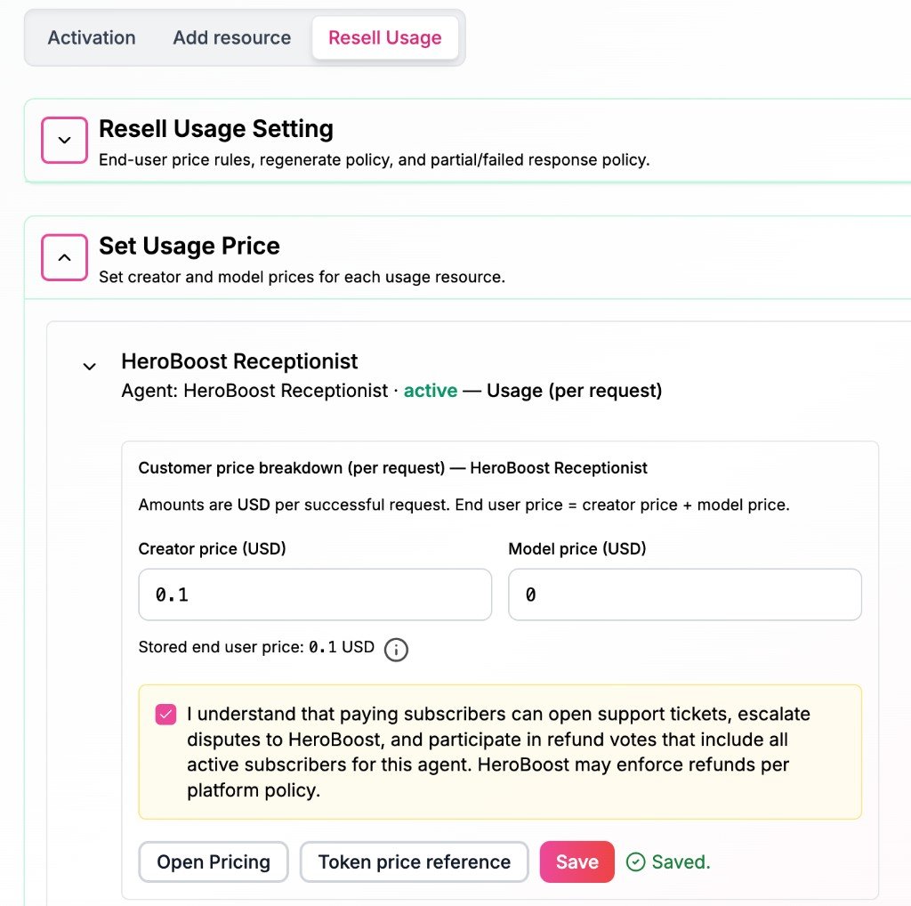 Resell Usage — set usage price