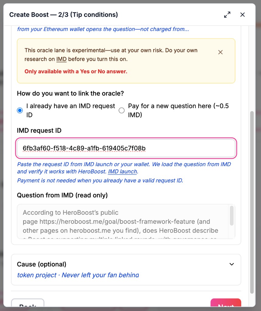Create Boost tip conditions with I already have an IMD request ID selected and Question from IMD read-only