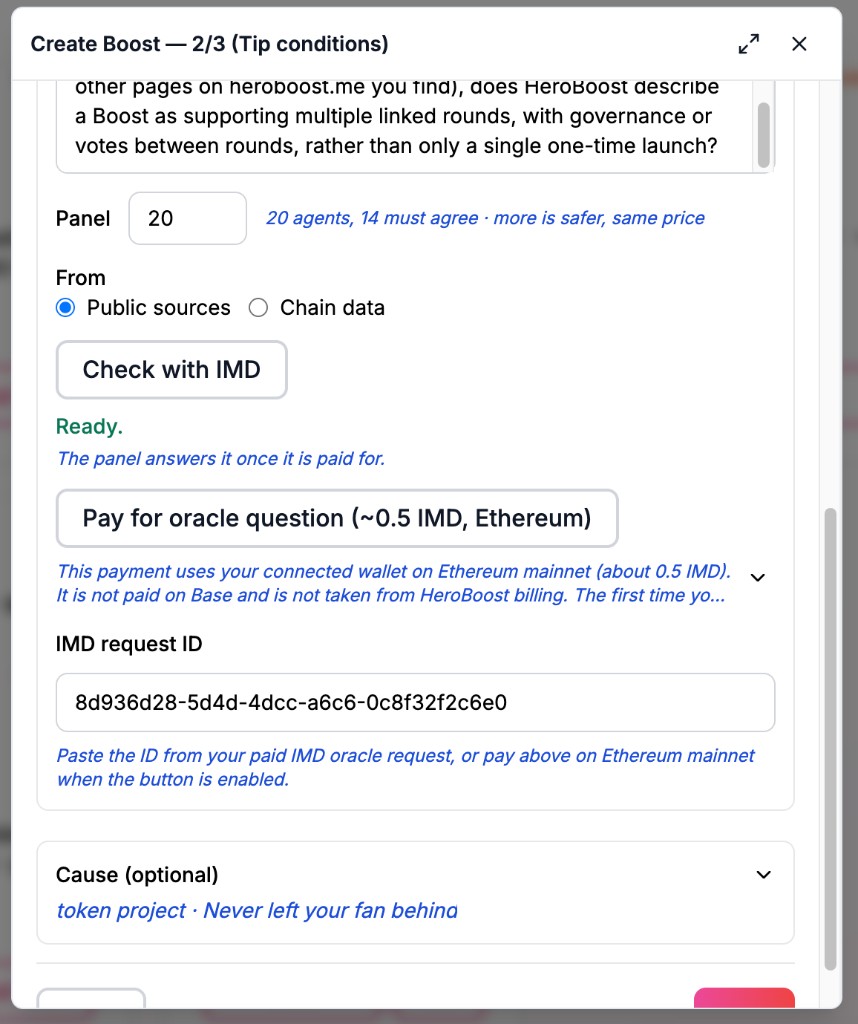 Create Boost tip conditions with a new IMD question, public sources, and Pay for oracle question (~0.5 IMD, Ethereum)