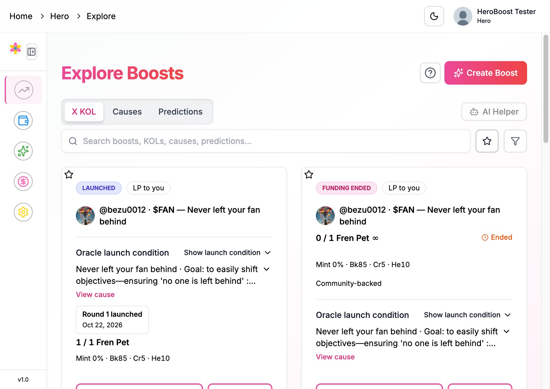 Explore Boosts with the sidebar closed and a Create Boost button