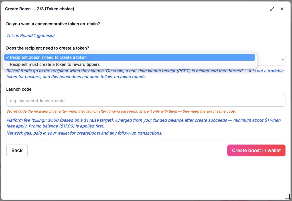 Create Boost step 3 of 3, Round 1, with the token choice menu open, a launch code field, a platform fee line, and a network gas line