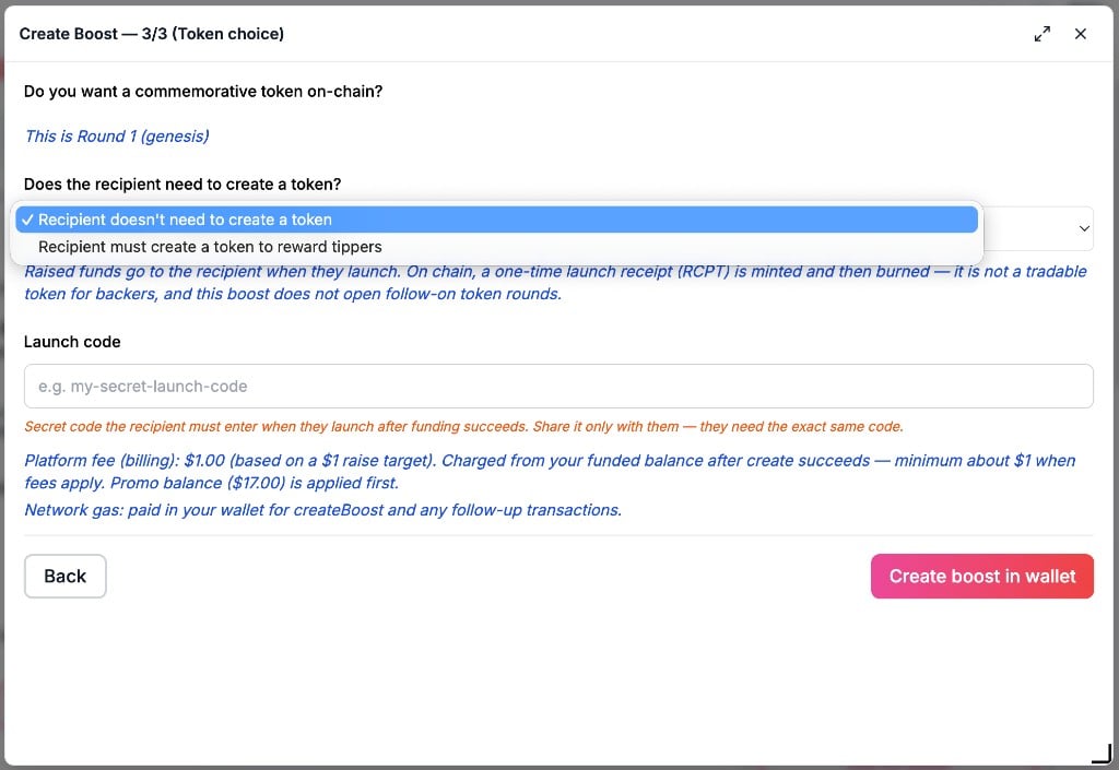 Create Boost step 3 of 3, Round 1, with the token choice menu open, a launch code field, a platform fee line, and a network gas line
