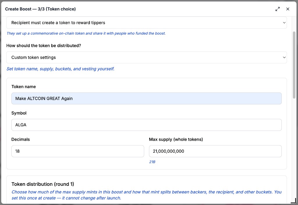 Custom token settings with token name Make ALTCOIN GREAT Again, symbol ALGA, decimals 18, and max supply 21,000,000,000