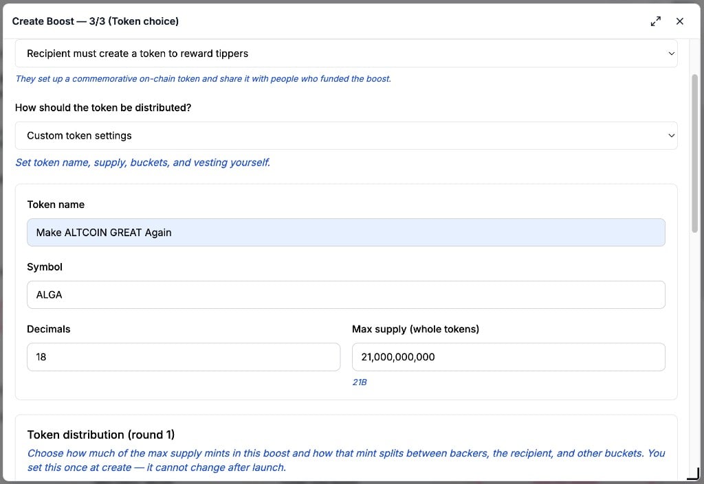 Custom token settings with token name Make ALTCOIN GREAT Again, symbol ALGA, decimals 18, and max supply 21,000,000,000