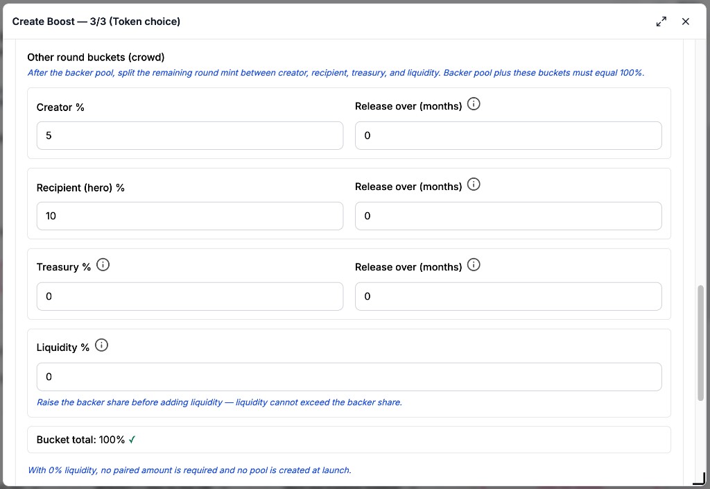 Other round buckets with creator 5%, recipient 10%, treasury 0, liquidity 0, and bucket total 100%