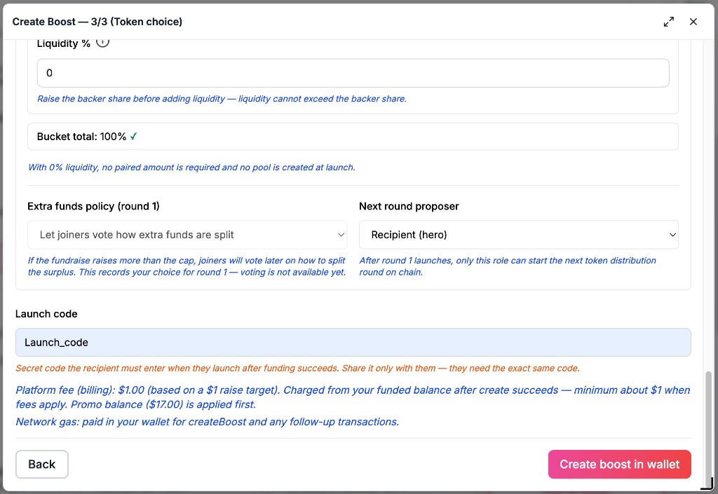 Extra funds policy set to let joiners vote, next round proposer Recipient (hero), and a launch code