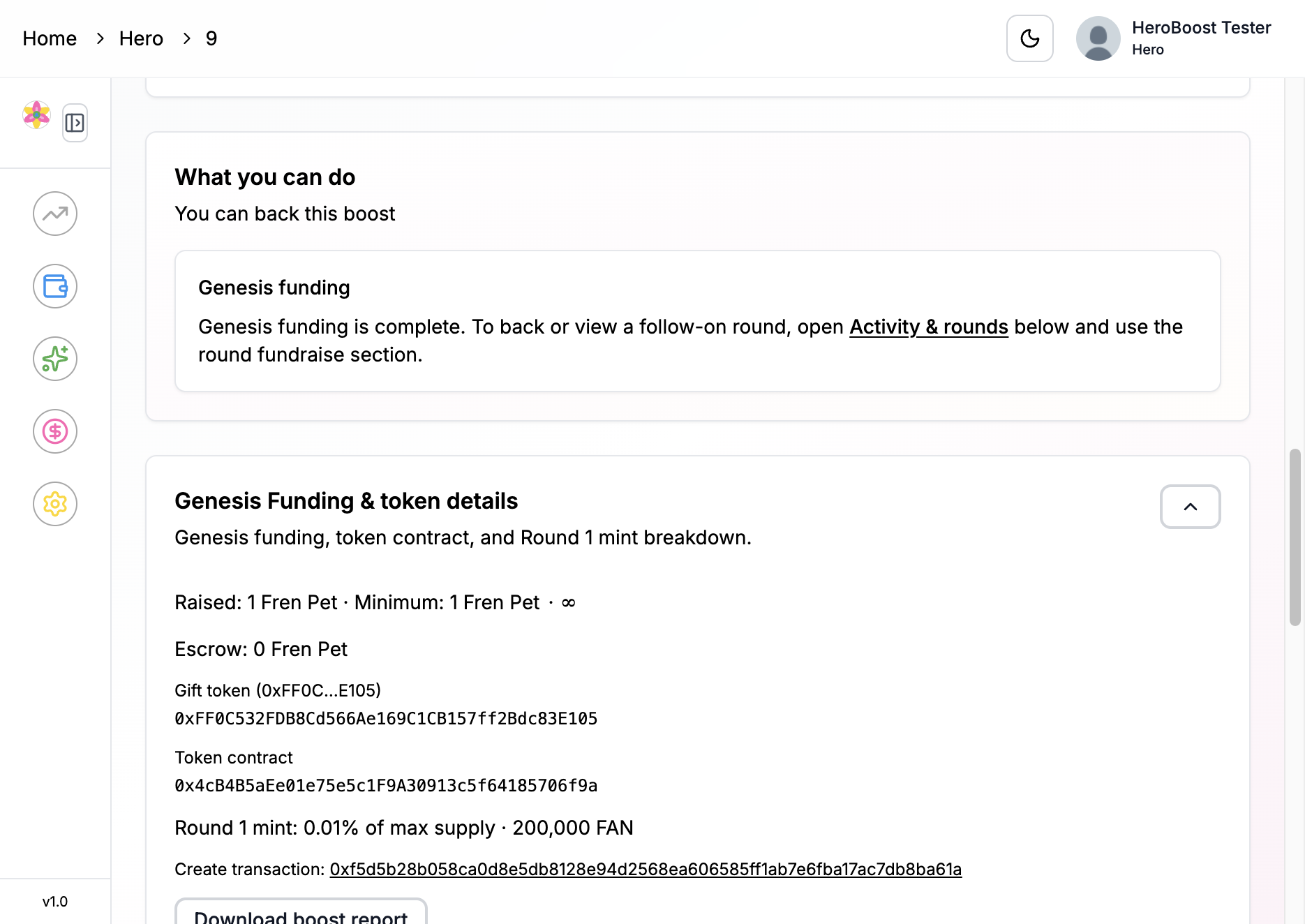Genesis funding block showing raised amount, minimum, and cap