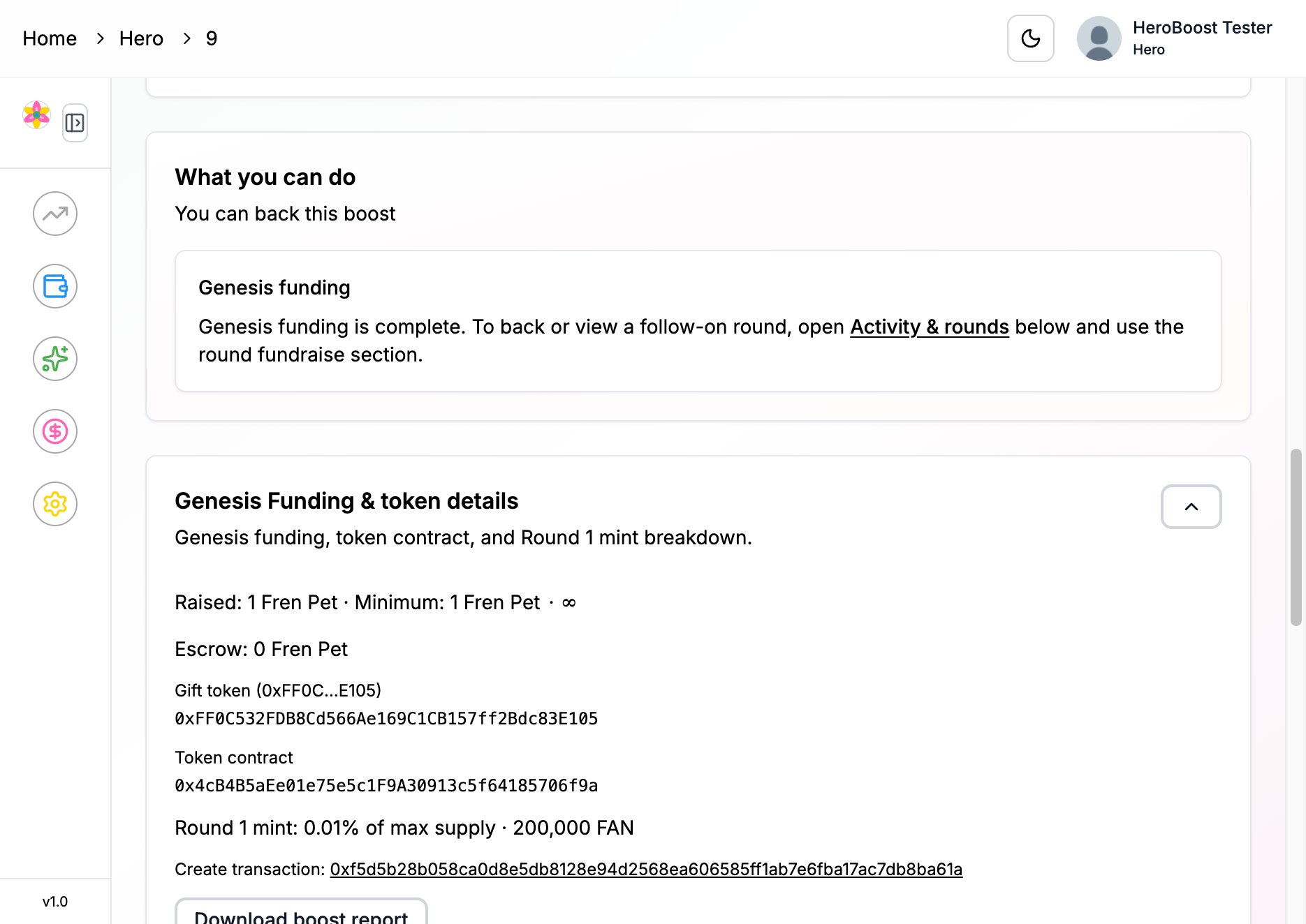 Genesis funding block showing raised amount, minimum, and cap