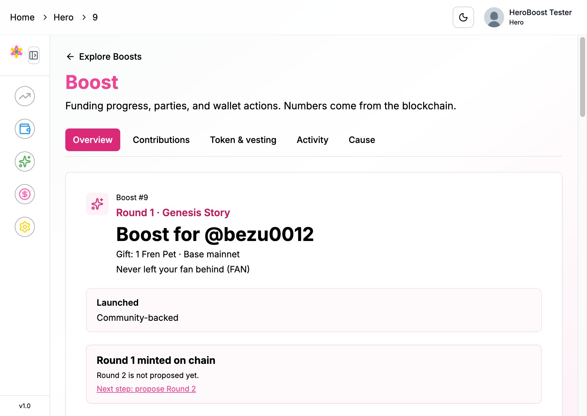 Boost header for Boost 9 showing Round 1 Genesis Story, Launched, and Round 1 minted on chain