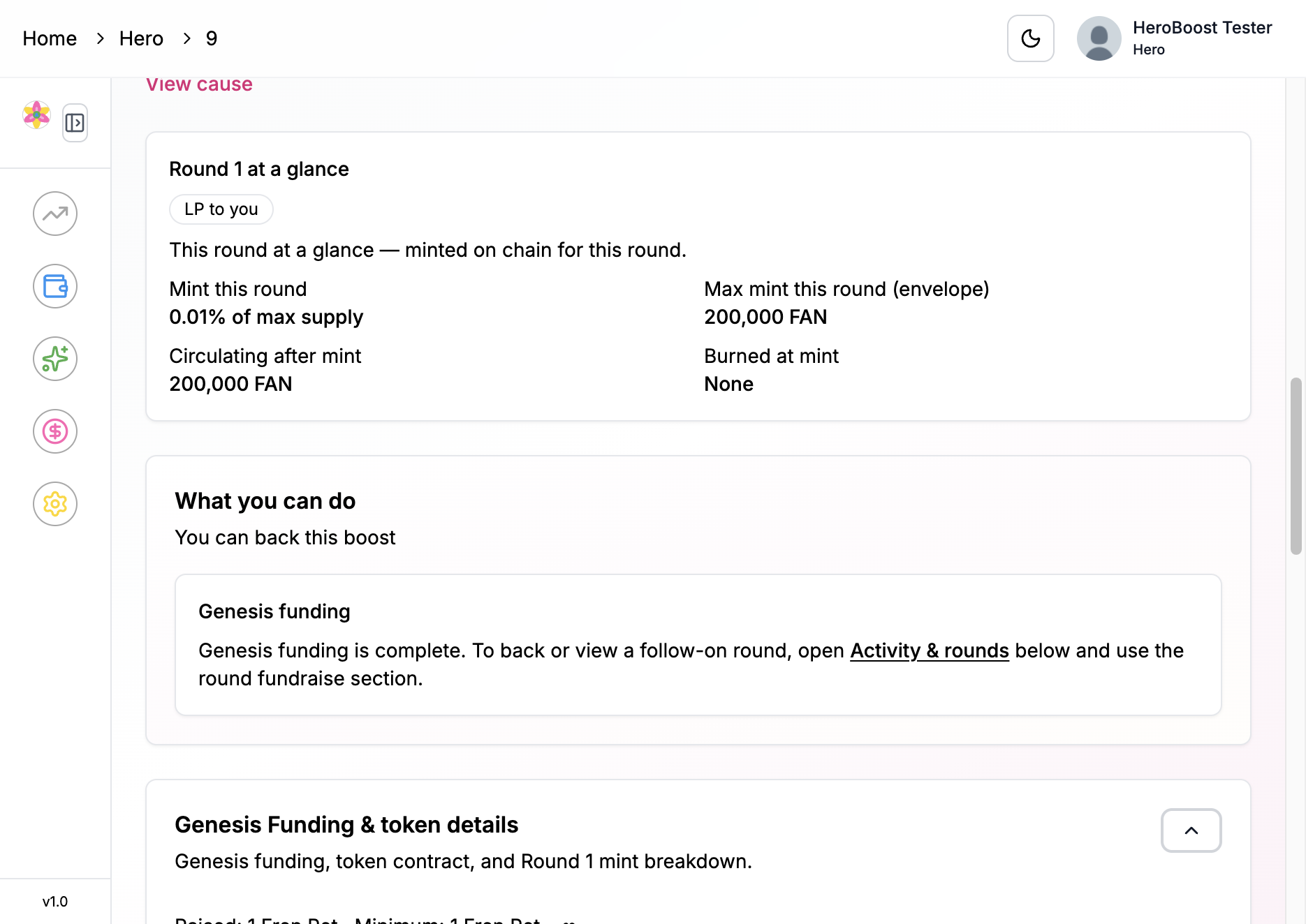 Round 1 at a glance showing a small mint share of max supply and tokens circulating after mint