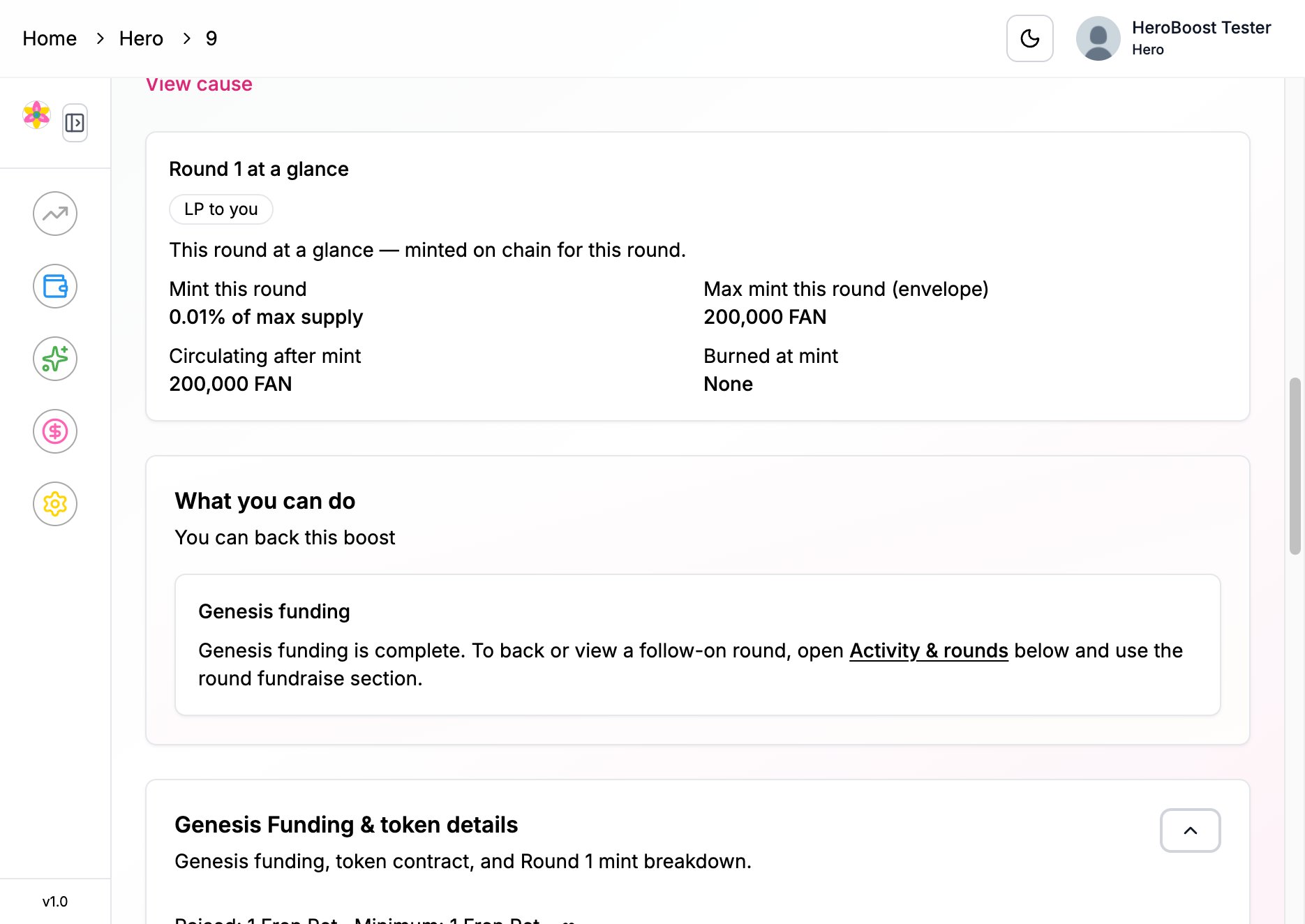 Round 1 at a glance showing a small mint share of max supply and tokens circulating after mint