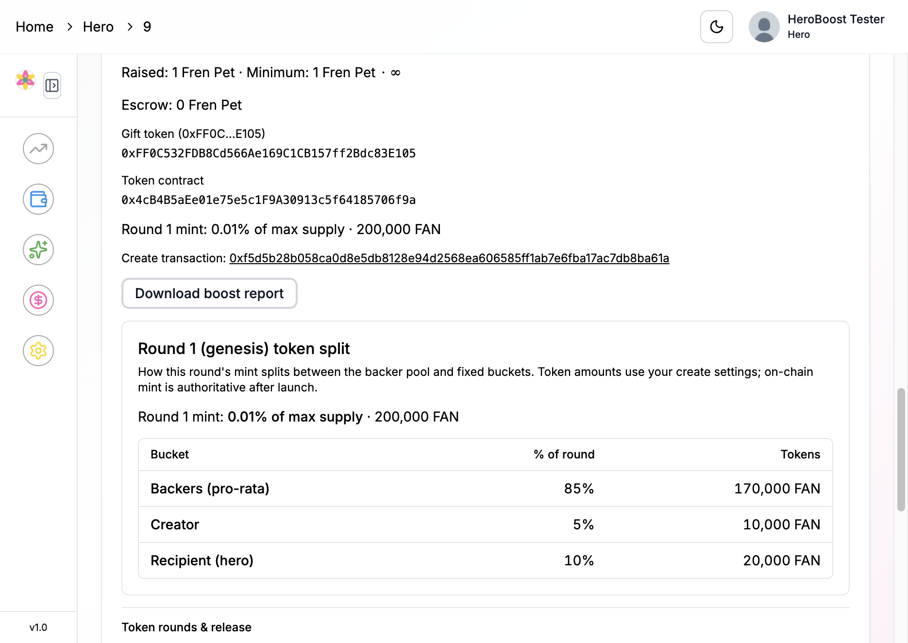 Round 1 token split table for backers, the creator, and the recipient