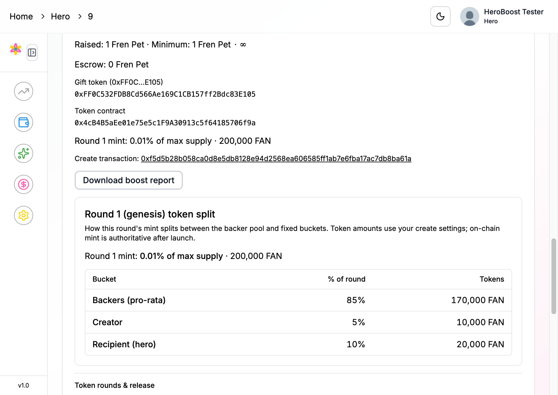 Round 1 token split table for backers, the creator, and the recipient