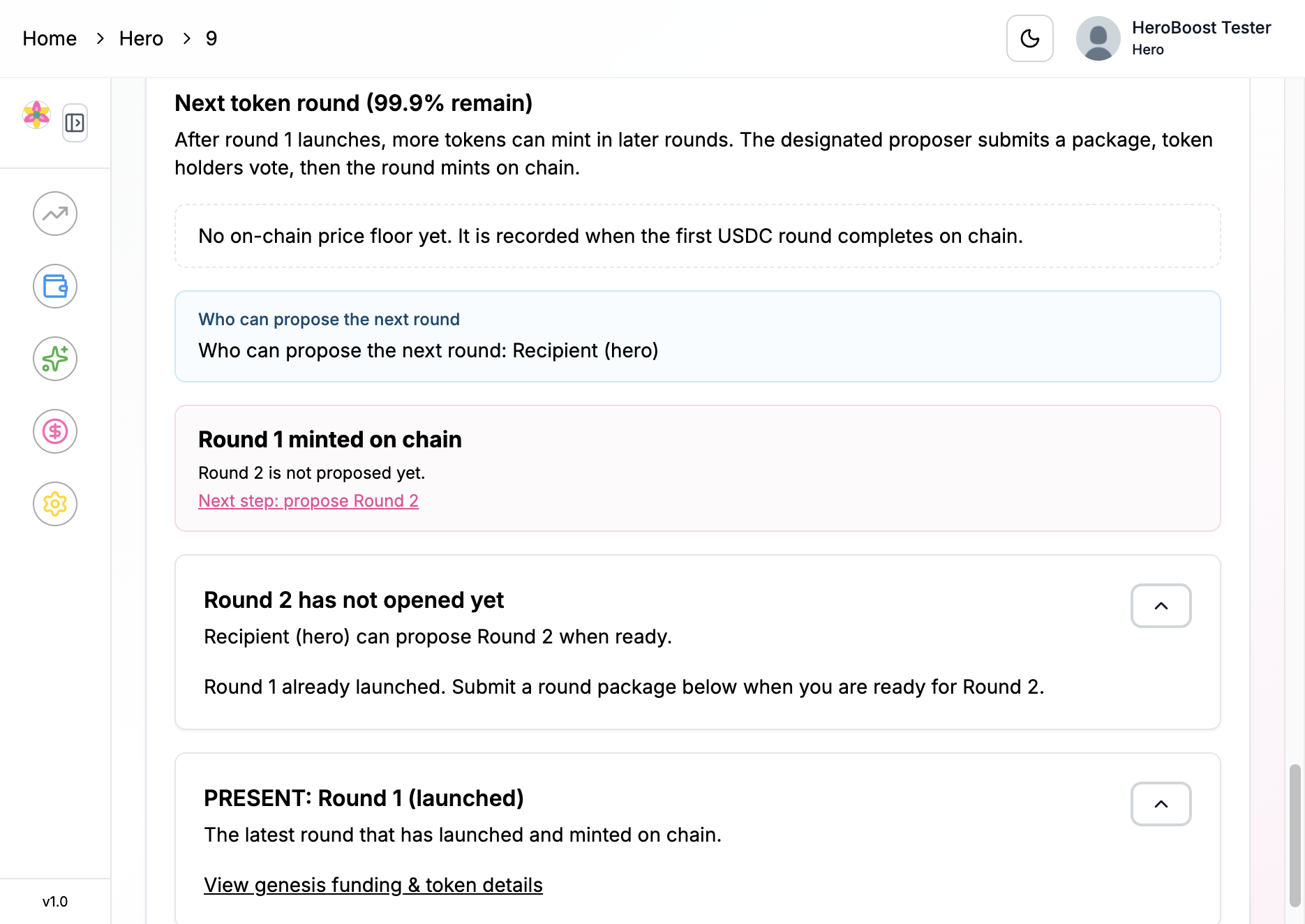 Next token round section showing the recipient can propose and that Round 2 has not opened yet