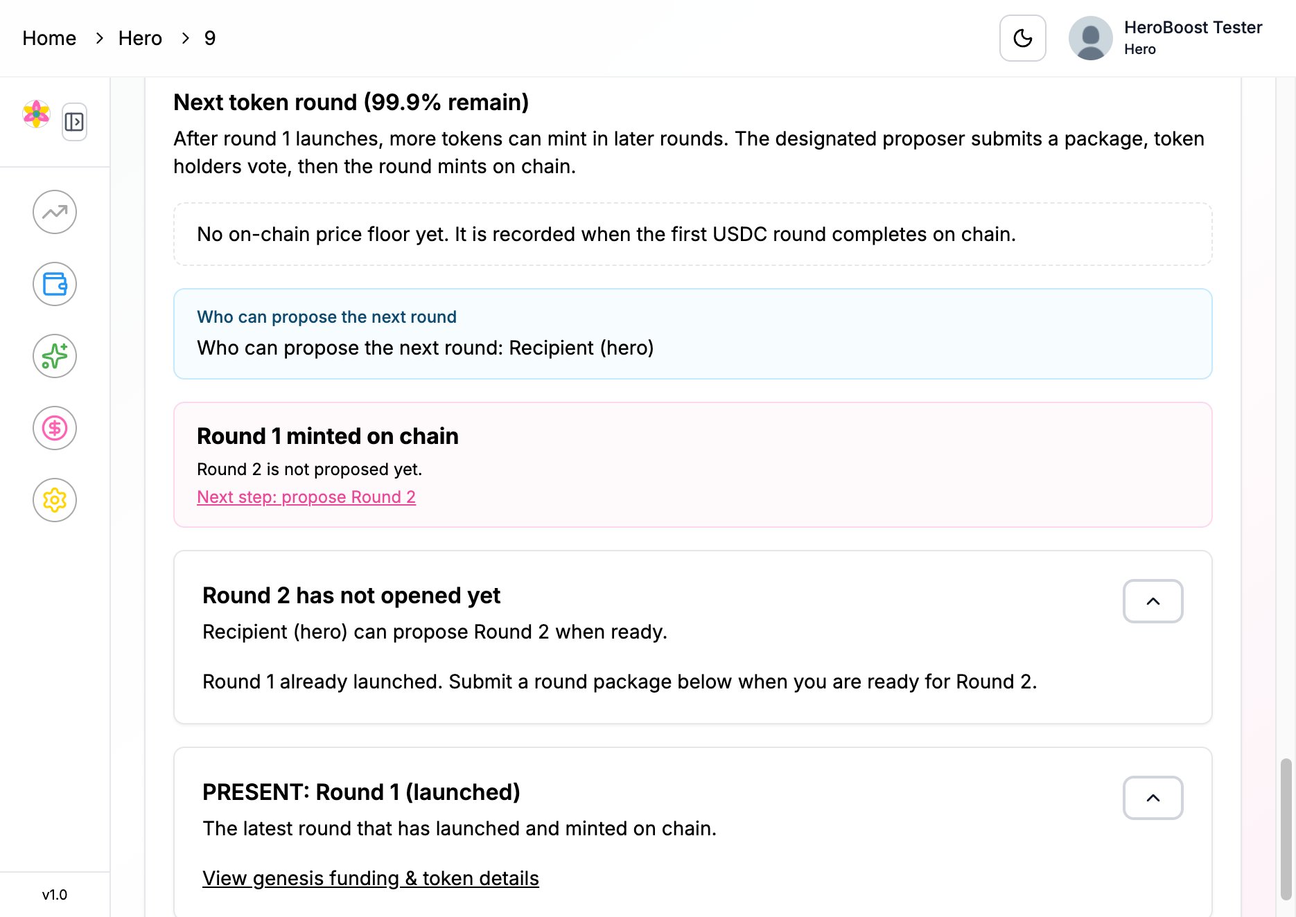 Next token round section showing the recipient can propose and that Round 2 has not opened yet