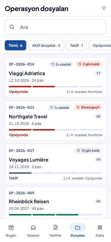 Telefonda operasyon dosyaları listesi: sağ üstte süzgeç simgesi, arama kutusu ve dosya sayılı durum çipleri; her kartta dosya numarası, uzatma ve opsiyon rozetleri, acente ve ülke kodu, tarih ve kişi sayısı, altta dosyanın durumu ve sıradaki adımı