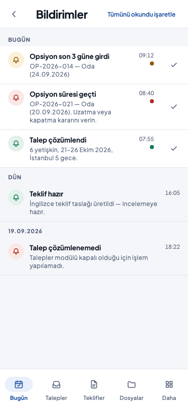 Telefonda bildirimler ekranı: bugün, dün ve daha eski bir tarih altında gruplanmış opsiyon, talep ve teklif bildirimleri; okunmamış bildirimlerin yanında onay işareti, başlığın sağında tümünü okundu işaretleme düğmesi