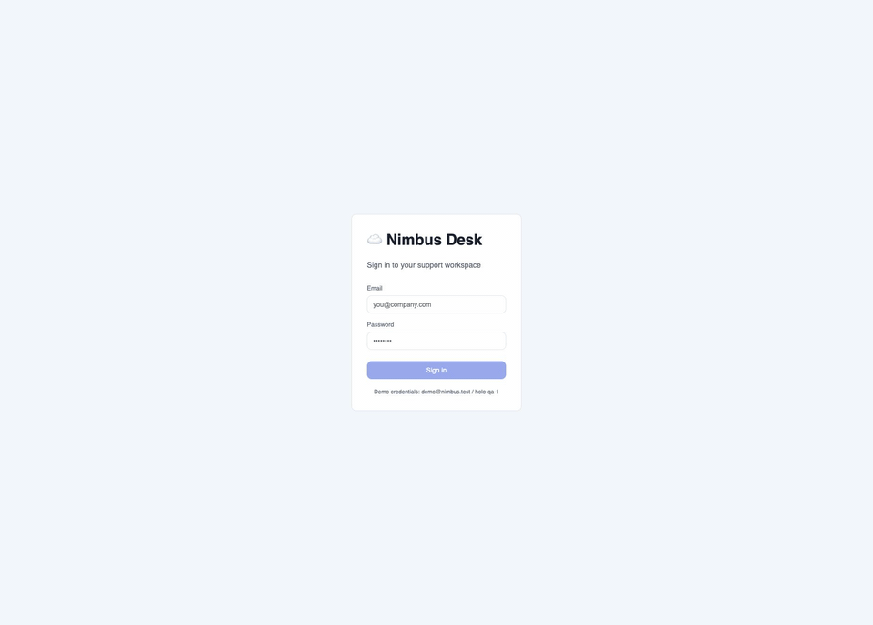 Animated GIF of HoloDesktop CLI signing into Nimbus, opening the chat widget, asking about refunds, and observing the expected refund policy response