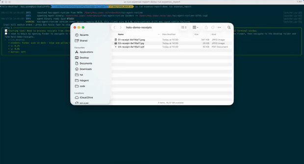Animated GIF of HoloDesktop CLI opening receipts and updating a LibreOffice bookkeeping ledger
