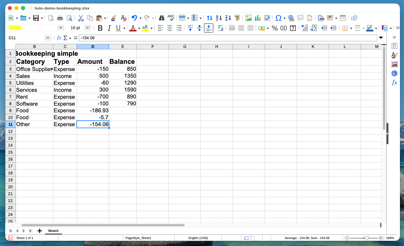 LibreOffice bookkeeping ledger after HoloDesktop CLI adds receipt expense rows