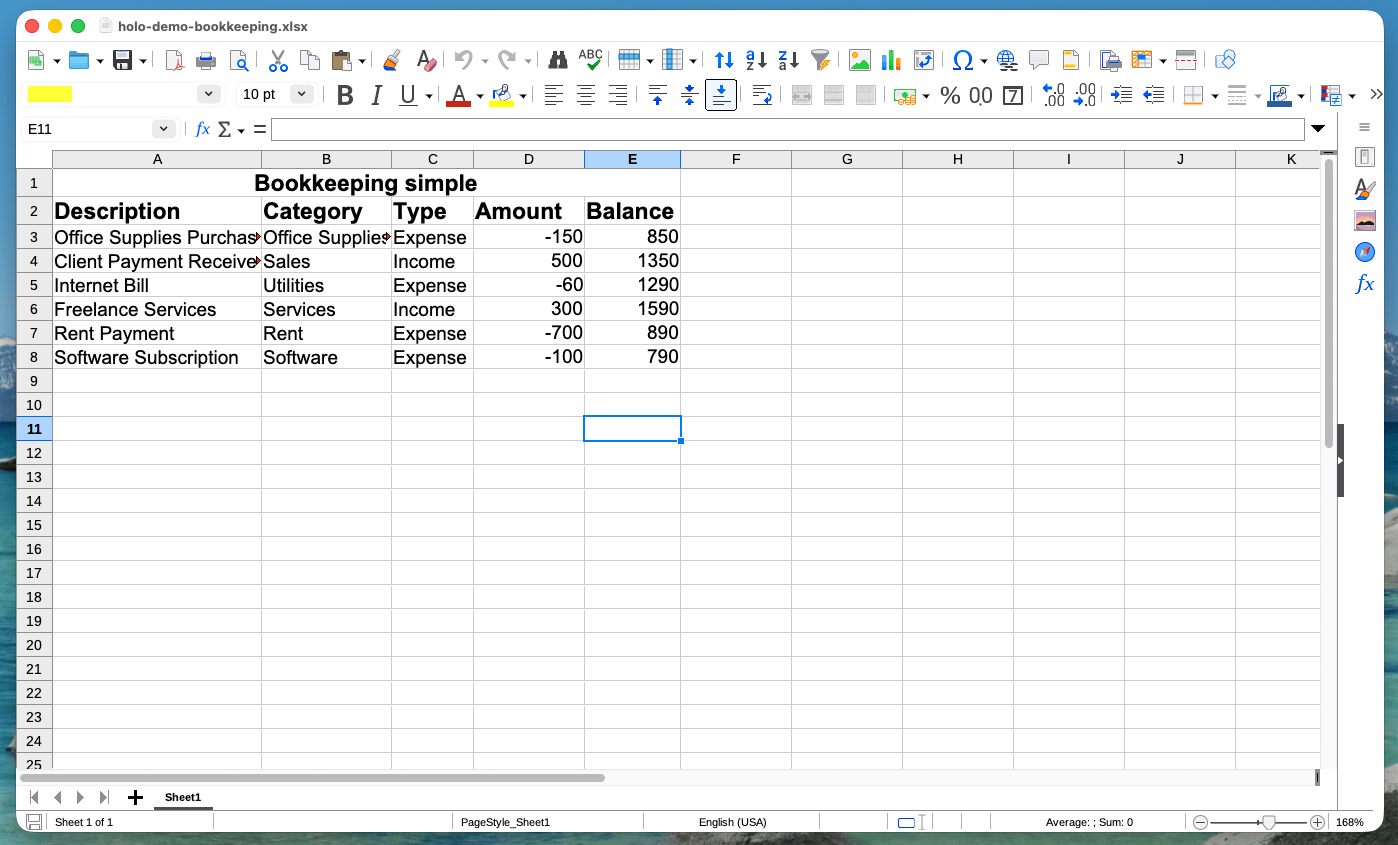 LibreOffice bookkeeping ledger before the receipt rows are added