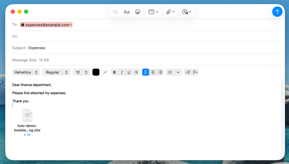 Mail draft addressed to expenses@example.com with the saved spreadsheet attached