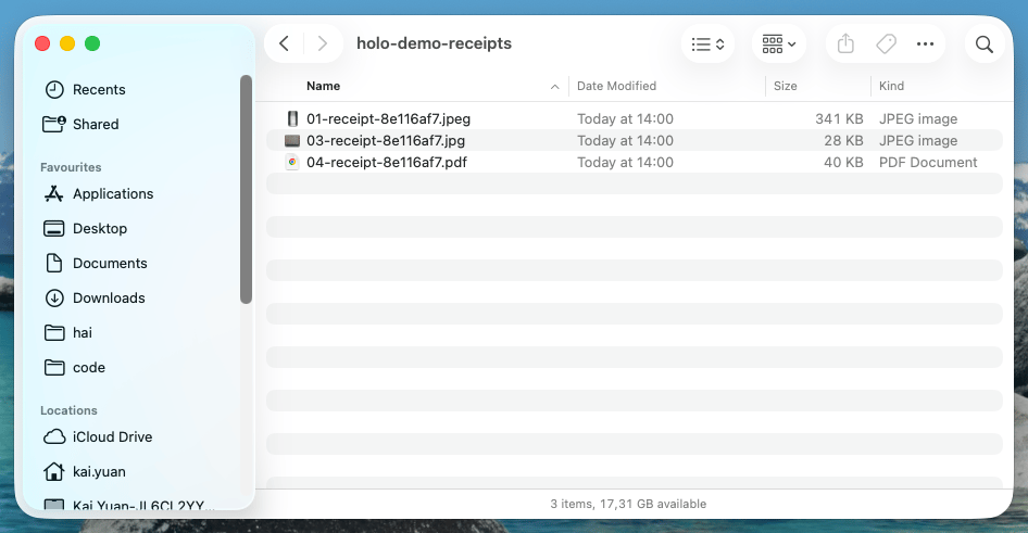 Finder showing three staged receipt files in the holo-demo-receipts folder