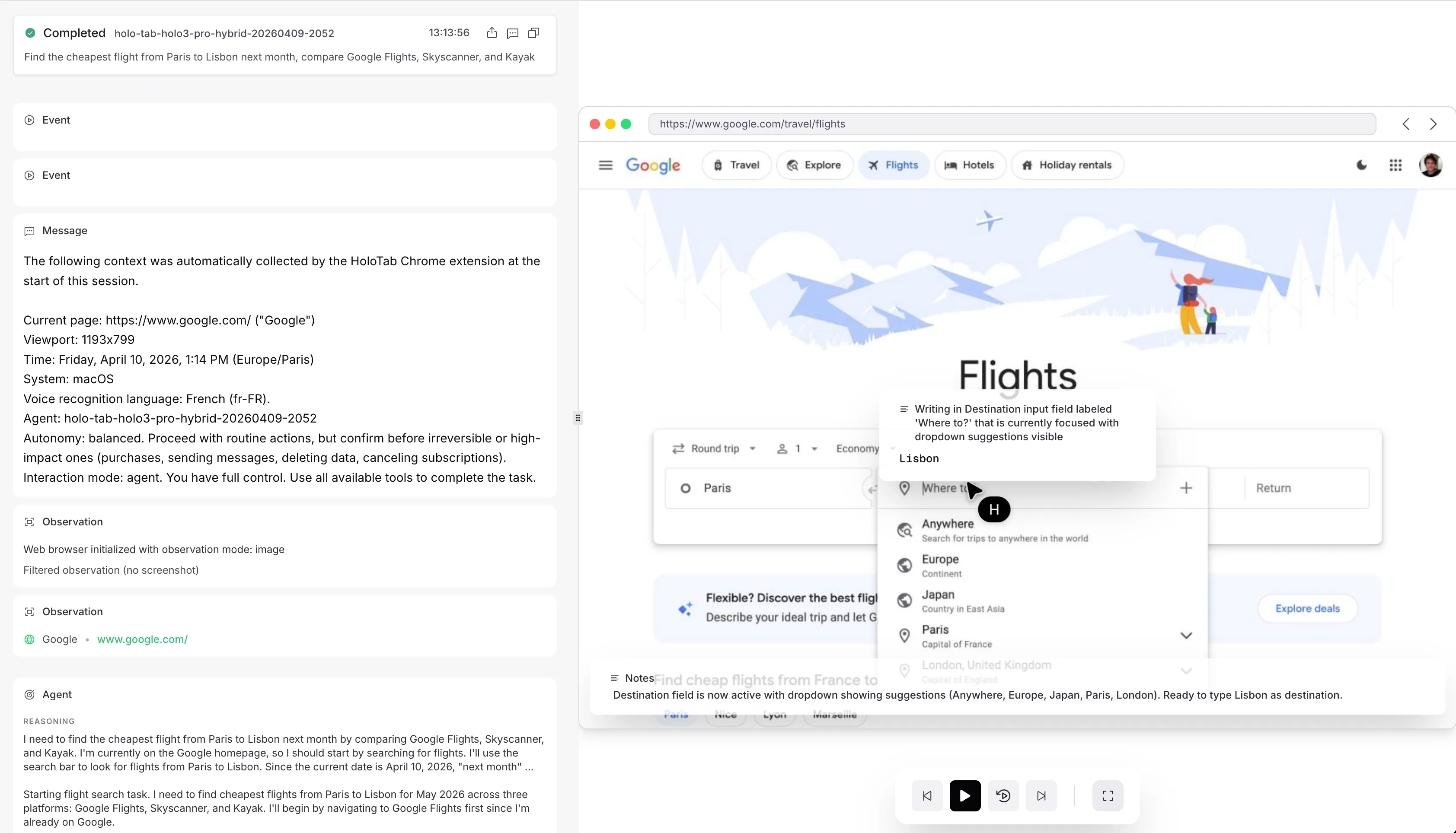 Agent View: event log on the left, live browser screenshot with the agent's current action on the right
