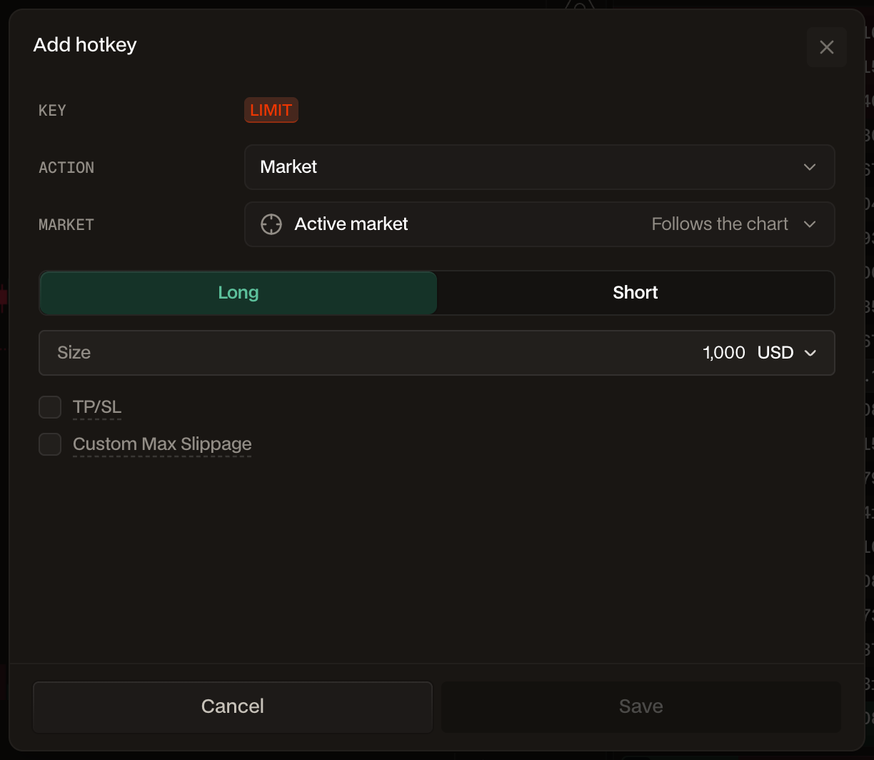 La fenêtre Add hotkey avec le champ Key à l'écoute et le mot LIMIT tapé en orange.