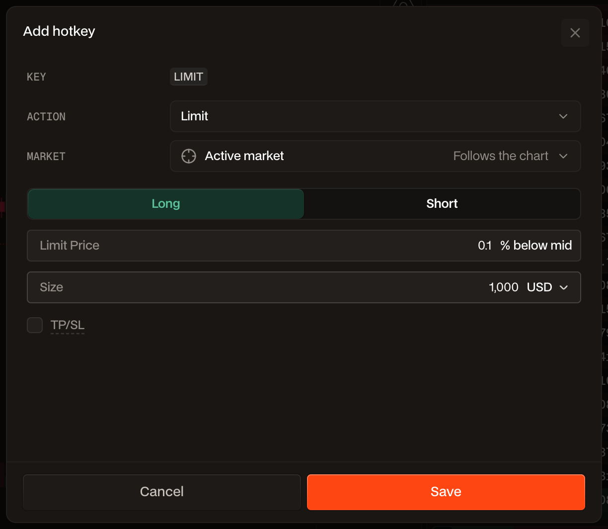 Une touche rapide terminée : touche LIMIT, action Limit, Active market, Long, prix limite 0.1% sous le médian, taille 1,000 USD.