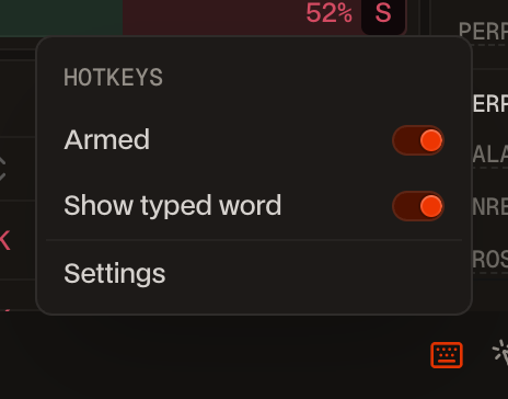 Le menu Hotkeys avec Armed activé et l'icône de clavier en orange.