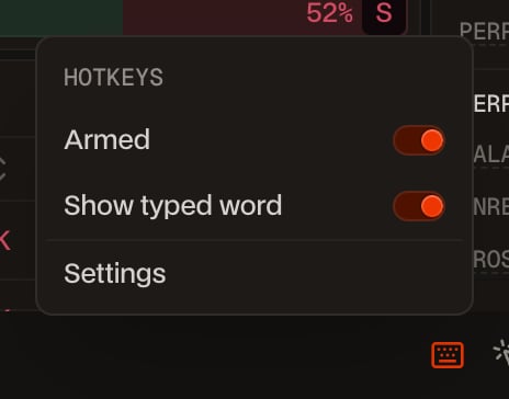 O menu Hotkeys com Armed ativado e o ícone de teclado em laranja.