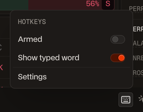 Le menu Hotkeys au-dessus de l'icône de clavier dans la barre d'état, avec l'interrupteur Armed désactivé, Show typed word activé, et Settings.