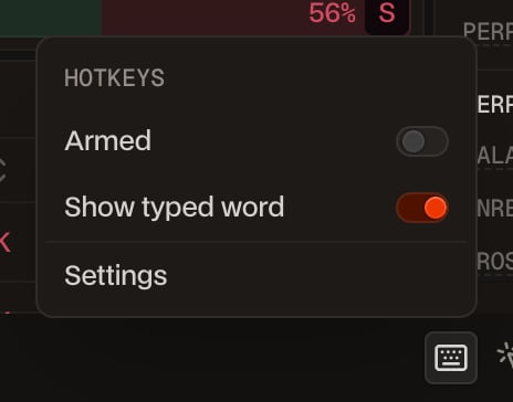 O menu Hotkeys acima do ícone de teclado na barra de status, com o botão Armed desativado, Show typed word ativado e Settings.
