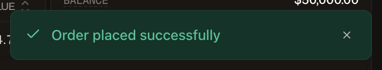Une notification verte indiquant Order placed successfully.