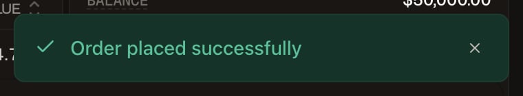 Uma notificação verde com o texto Order placed successfully.