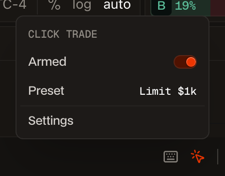 The Click Trade menu with Armed switched on, the active preset Limit $1k, and the cursor icon in orange.