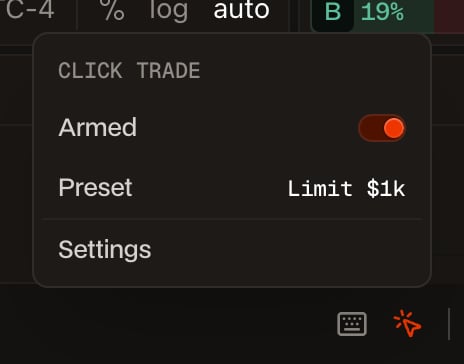 The Click Trade menu with Armed switched on, the active preset Limit $1k, and the cursor icon in orange.