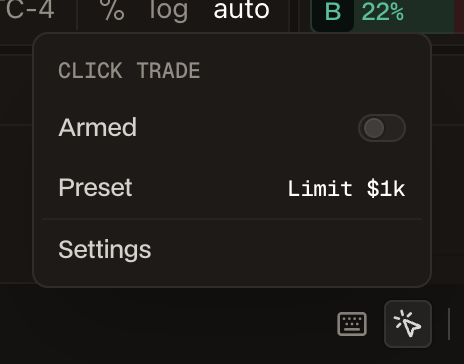 The Click Trade menu above the cursor icon in the status bar, with the Armed switch off, the active preset Limit $1k, and Settings.