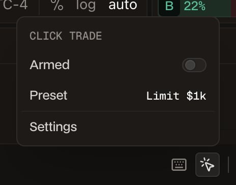 The Click Trade menu above the cursor icon in the status bar, with the Armed switch off, the active preset Limit $1k, and Settings.