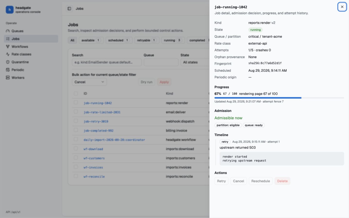 Headgate jobs list with state filters and job details