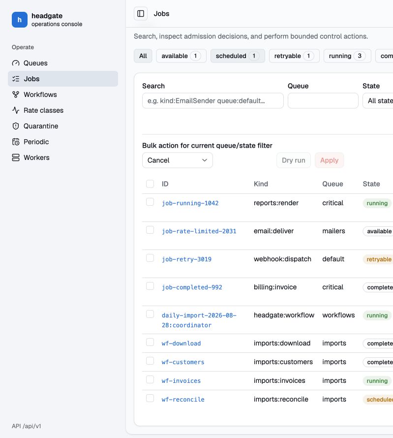 Headgate jobs list with state filters, structured search, and bulk actions