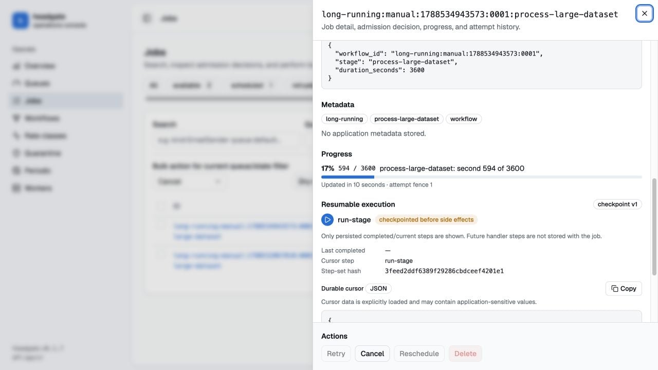 Headgate jobs list with state filters and job details