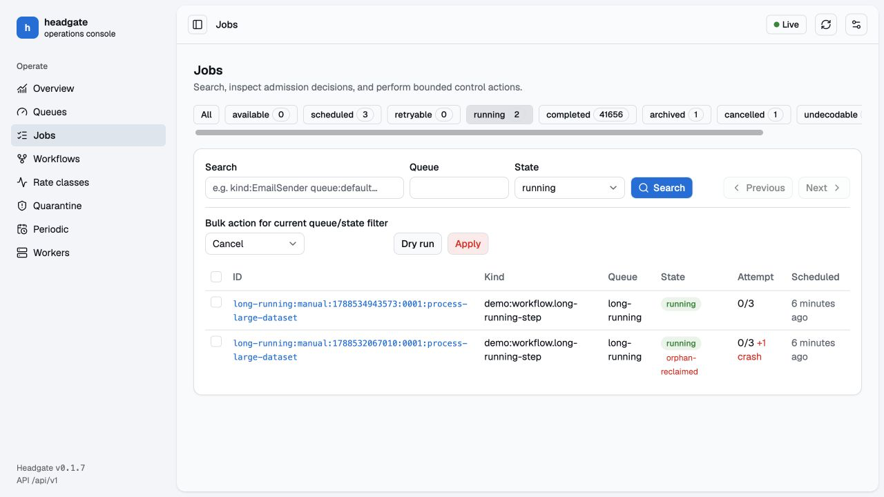 Headgate jobs list with state filters, structured search, and bulk actions